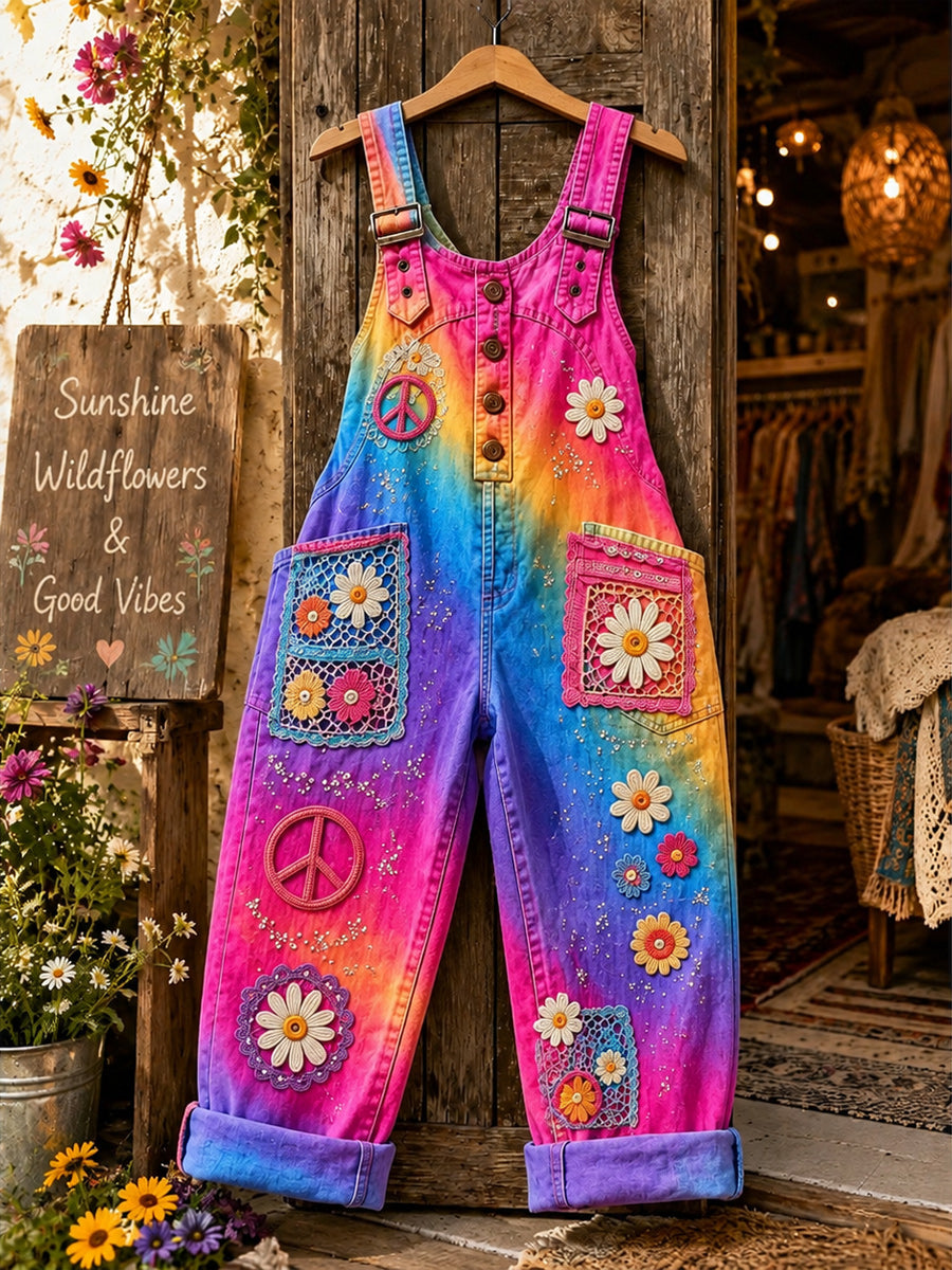 Women's Retro Style Art Print Washed Cotton Denim Patchwork Jumpsuit